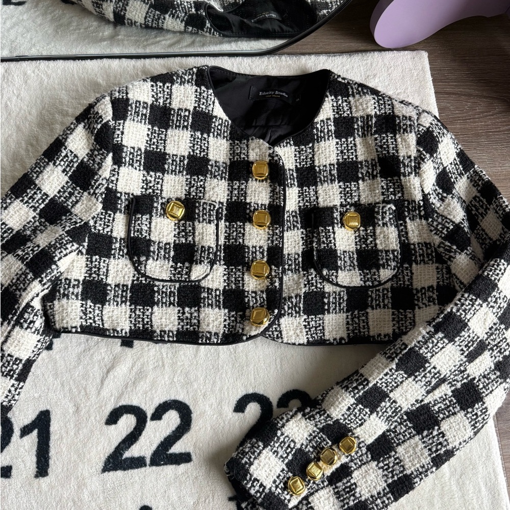 Black and White Plaid Blazer with Gold Buttons